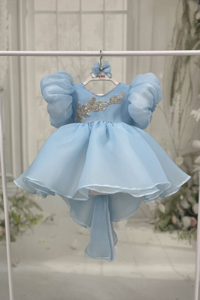 Bebe Mavi Balon Kol Nakış ve Boncuk İşlemeli Kuyruklu Fiyonk Detaylı Abiye Elbise