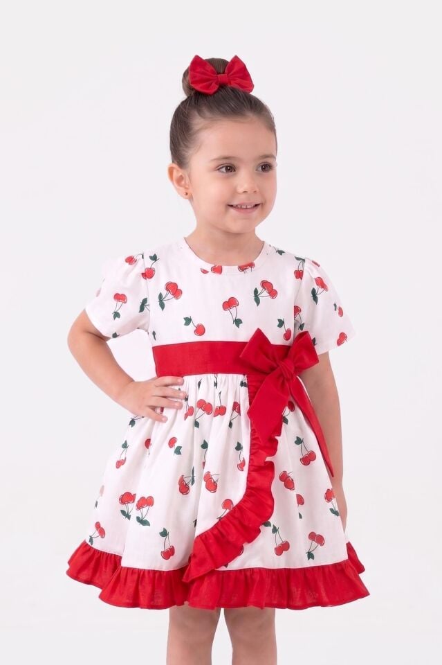 Kiraz Desenli %100 Pamuklu Astarlı Kız Bebek Elbisesi Kısa Kollu Çıtçıtlı Fırfırlı Toka Hediyeli