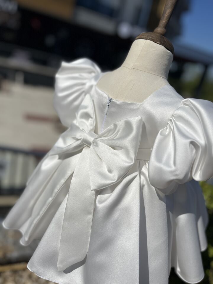 Off White Satin Balloon Sleeve Girl Child Baby Evening Dress Mawlid Wedding Bridal Dress