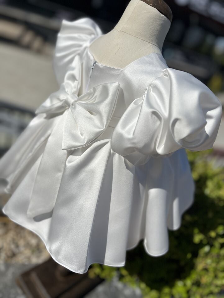 Off White Satin Balloon Sleeve Girl Child Baby Evening Dress Mawlid Wedding Bridal Dress