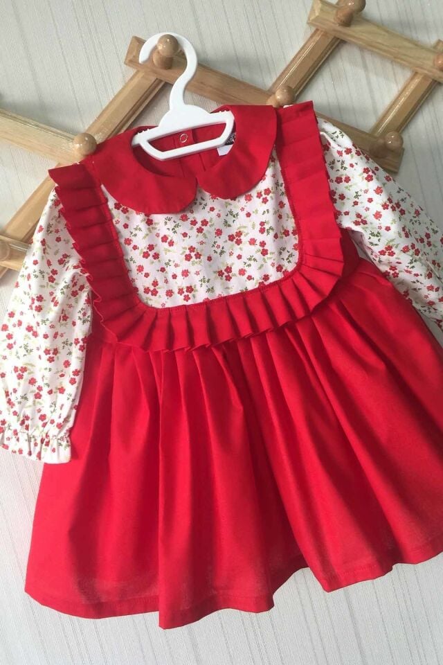 Bebe Yaka Pileli Çiçek Desenli Kırmızı Kız Çocuk Bebek Elbise