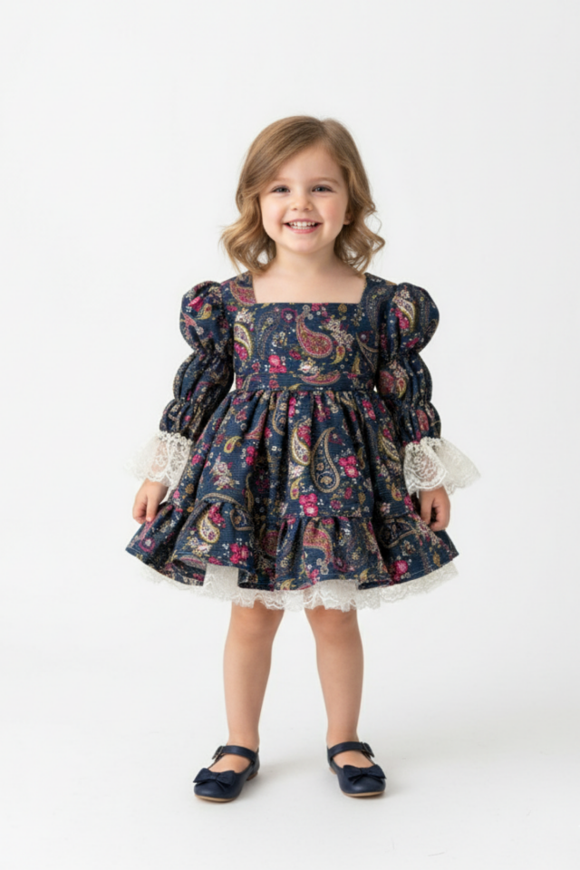 Ausgestelltes Abendkleid aus samtig strukturiertem Cord für Mädchen und Babys im Weihnachtsmann-Design