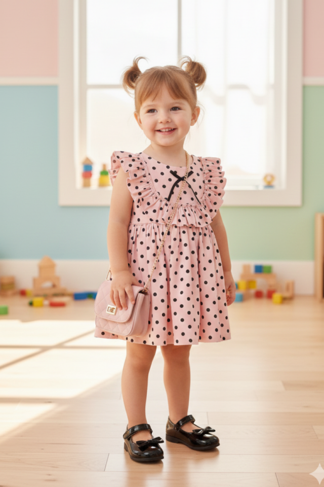 Puantiyeli Kolsuz Pamuklu Kız Çocuk Bebek Pudra Pembe Elbise