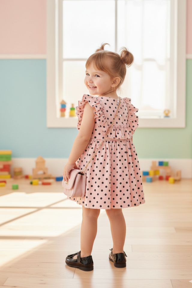 Puantiyeli Kolsuz Pamuklu Kız Çocuk Bebek Pudra Pembe Elbise