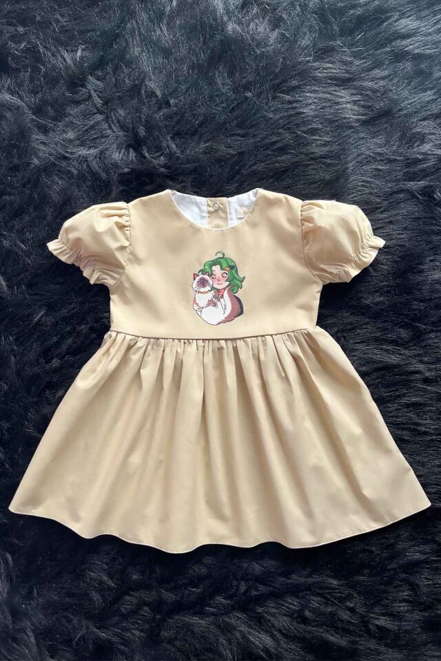 Kedili Kız Şeker Baskılı Camel Kız Çocuk Bebek Elbise