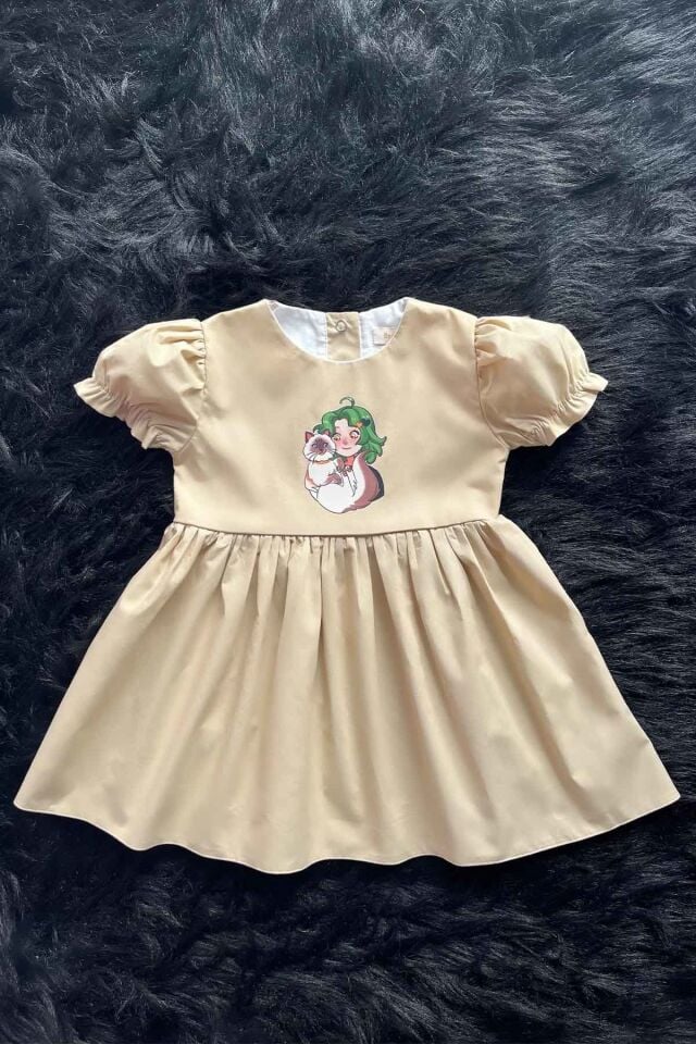 Kedili Kız Şeker Baskılı Camel Kız Çocuk Bebek Elbise