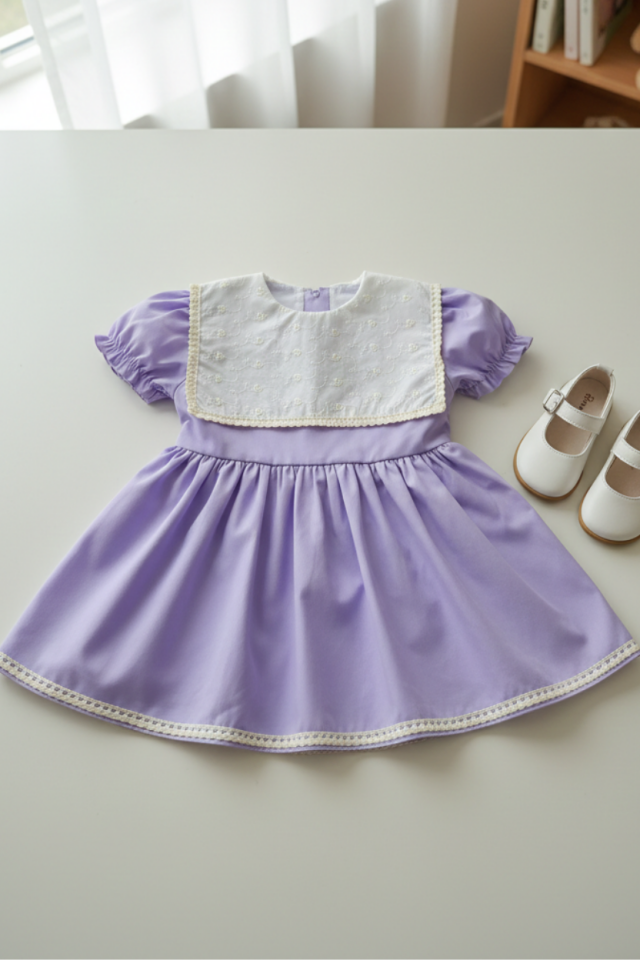 Cream Scallop Collar and Lace Detailed Lilac Baby Girl Dress
