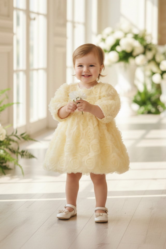 Güllü Kız Çocuk Bebek Krem Ekru Abiye Balon Elbise
