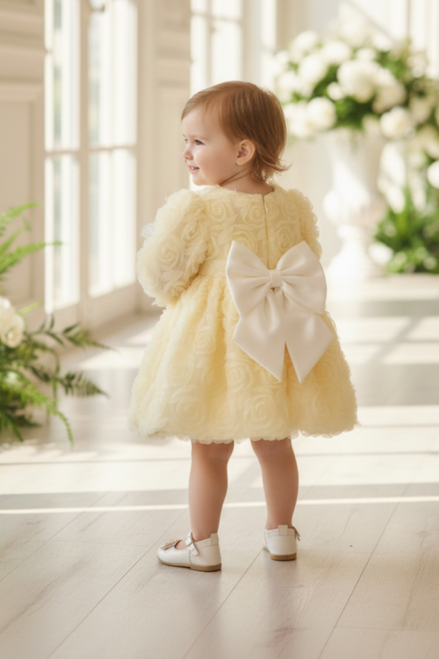 Güllü Kız Çocuk Bebek Krem Ekru Abiye Balon Elbise
