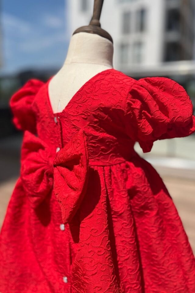 Crepe Embossed Patterned Baby Girl Red Dress