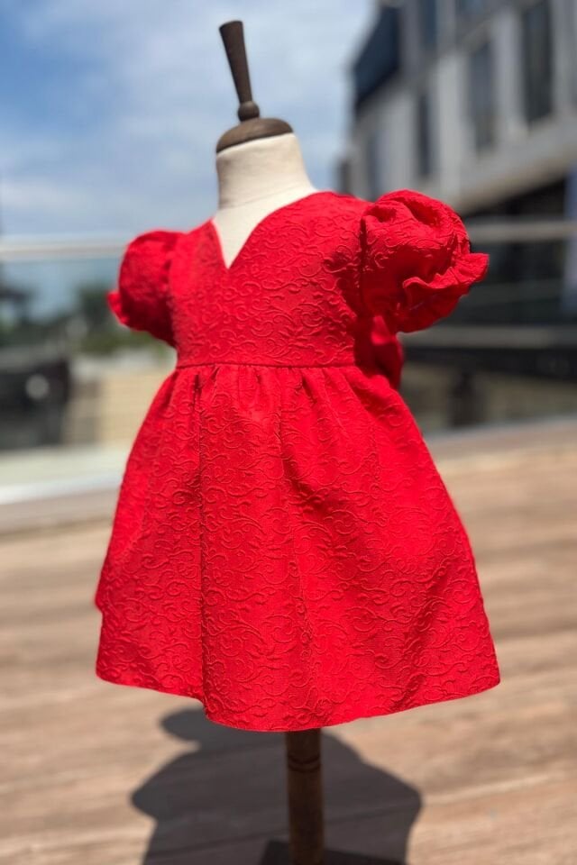 Krep Kabartma Desenli Kız Çocuk Bebek Kırmızı Elbise
