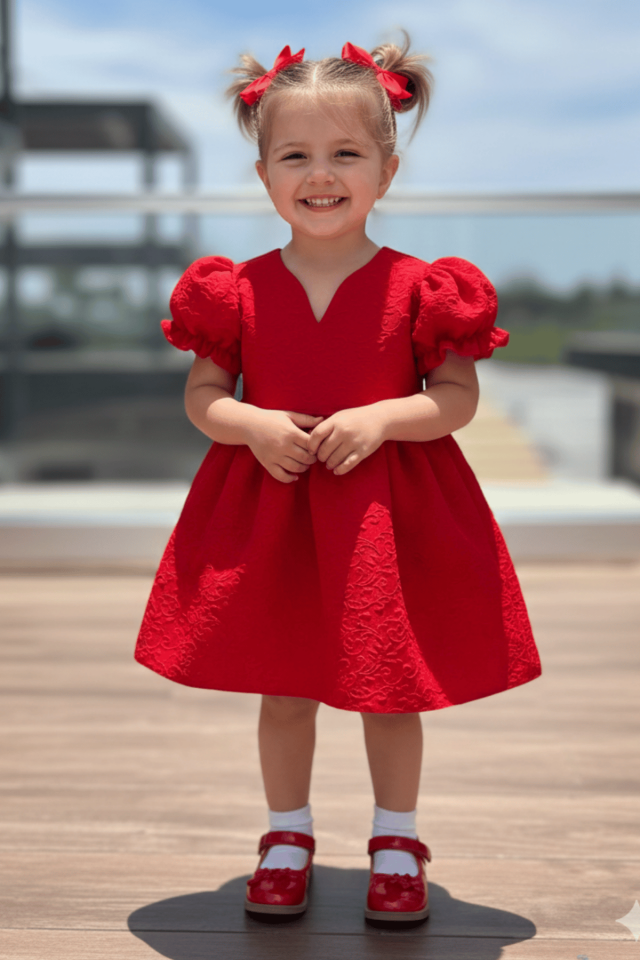 فستان أحمر منقوش من الكريب للبنات الصغار