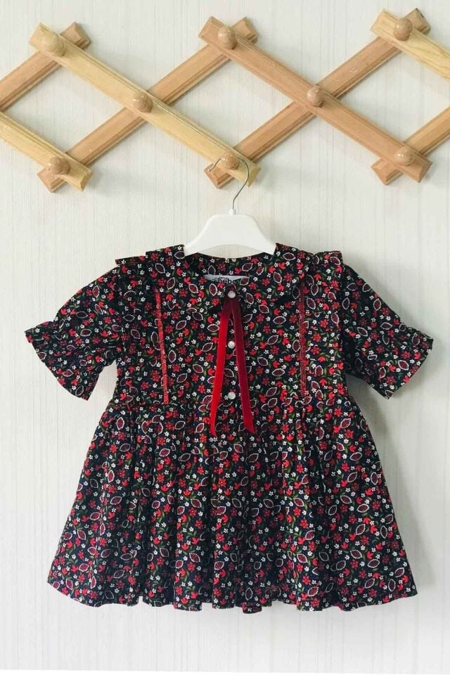 Çiçek Desenli Bebe Yaka Kız Çocuk Bebek Pamuklu Yazlık Kısakol Elbise