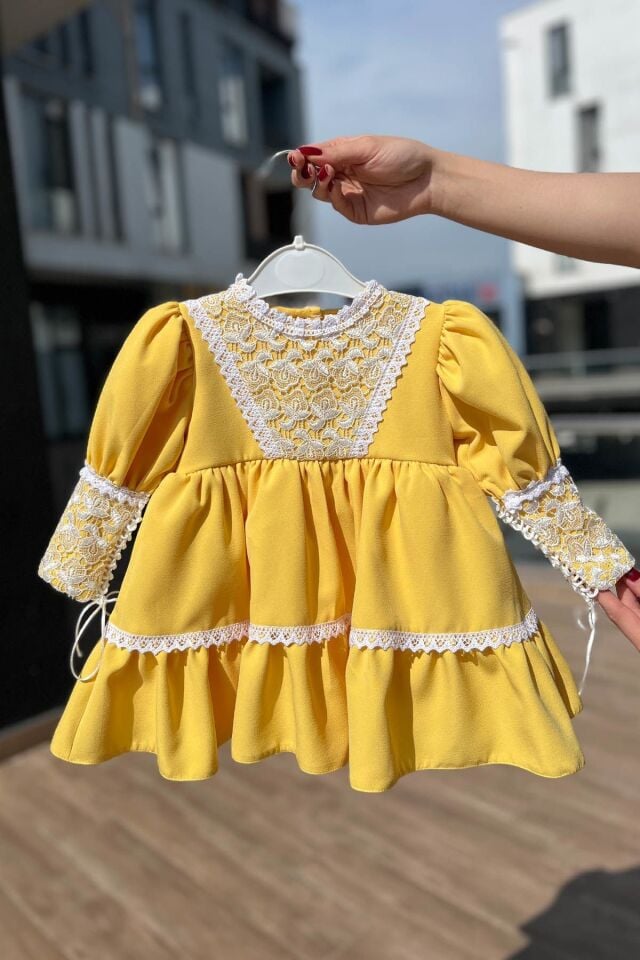 Dantel Detaylı Krep Kız Çocuk Bebek Abiye Sarı Mevlüt Elbise