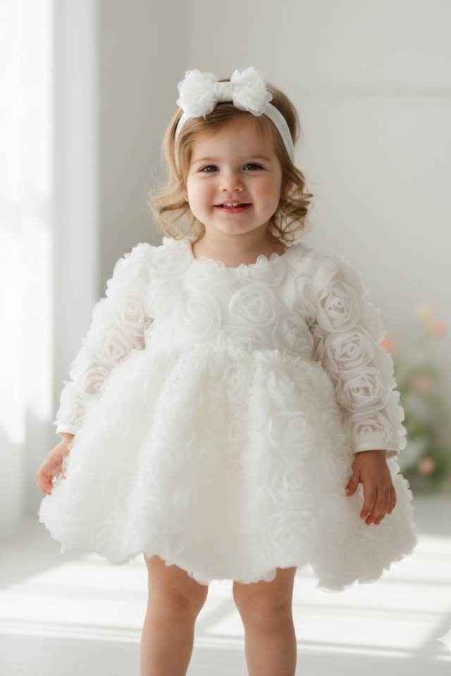 Güllü Uzun Kollu Balon Etek Kız Çocuk Beyaz Abiye Mevlüt Elbise