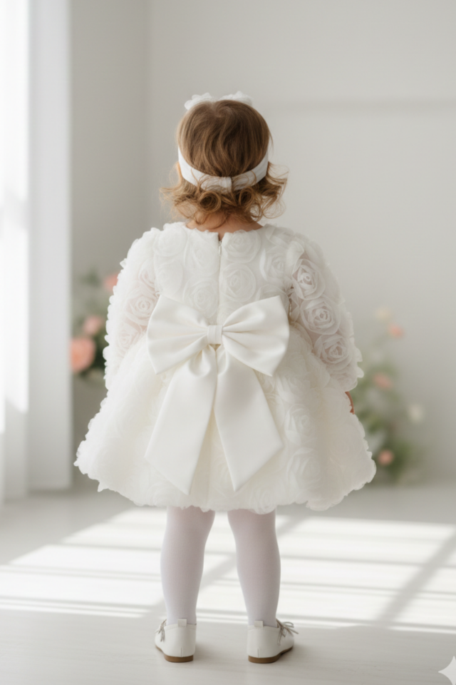 Güllü Uzun Kollu Balon Etek Kız Çocuk Beyaz Abiye Mevlüt Elbise