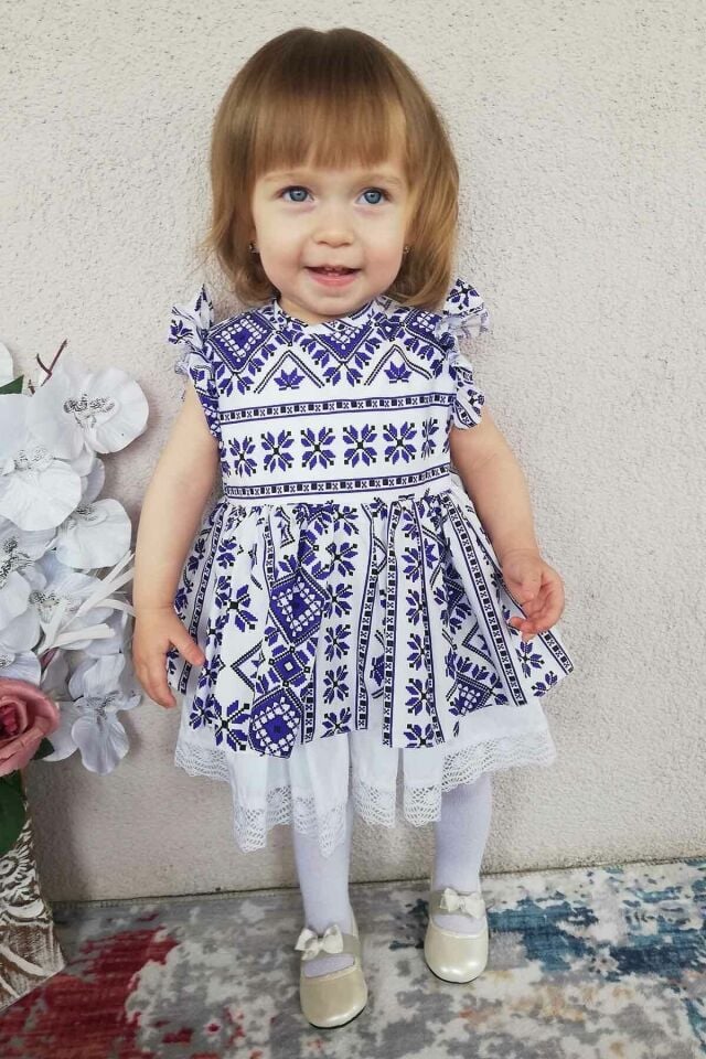 Fırfır Ve Dantel Detaylı Etnik Desenli Mavi Beyaz Kız Çocuk Bebek Elbise