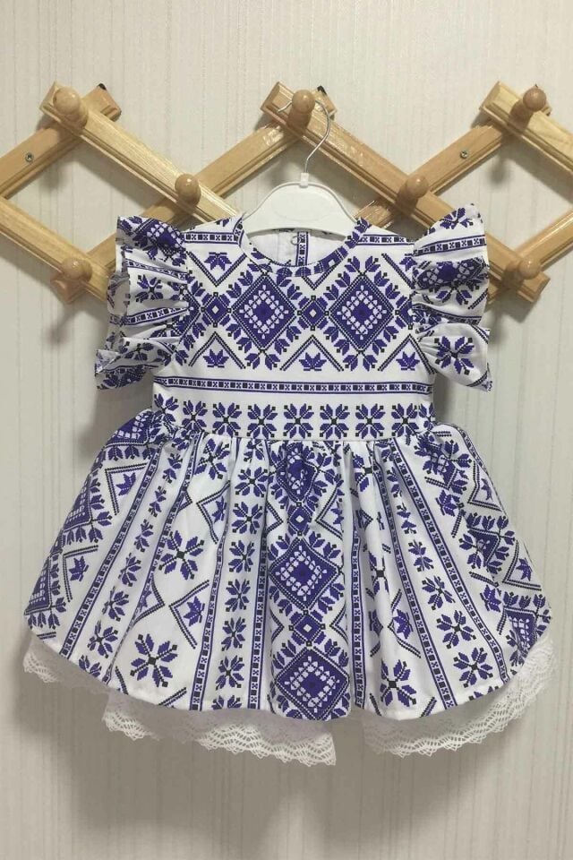 Fırfır Ve Dantel Detaylı Etnik Desenli Mavi Beyaz Kız Çocuk Bebek Elbise