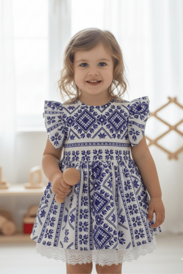 Fırfır Ve Dantel Detaylı Etnik Desenli Mavi Beyaz Kız Çocuk Bebek Elbise