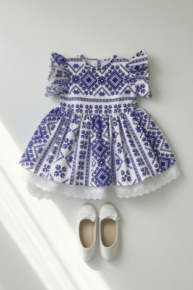 Fırfır Ve Dantel Detaylı Etnik Desenli Mavi Beyaz Kız Çocuk Bebek Elbise