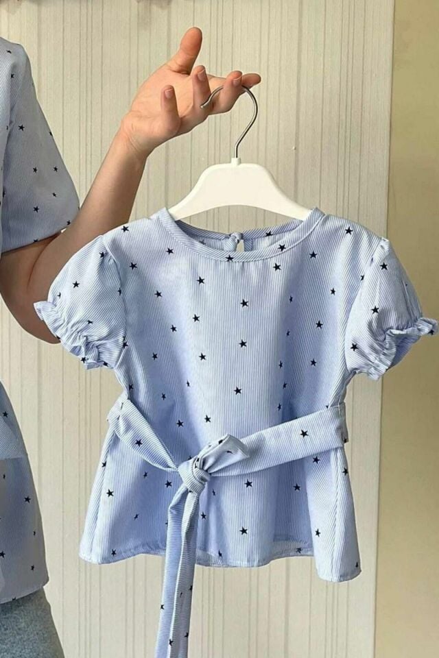 Yıldız Ve Çizgi Desenli Mavi Kız Çocuk Bebek Bluz