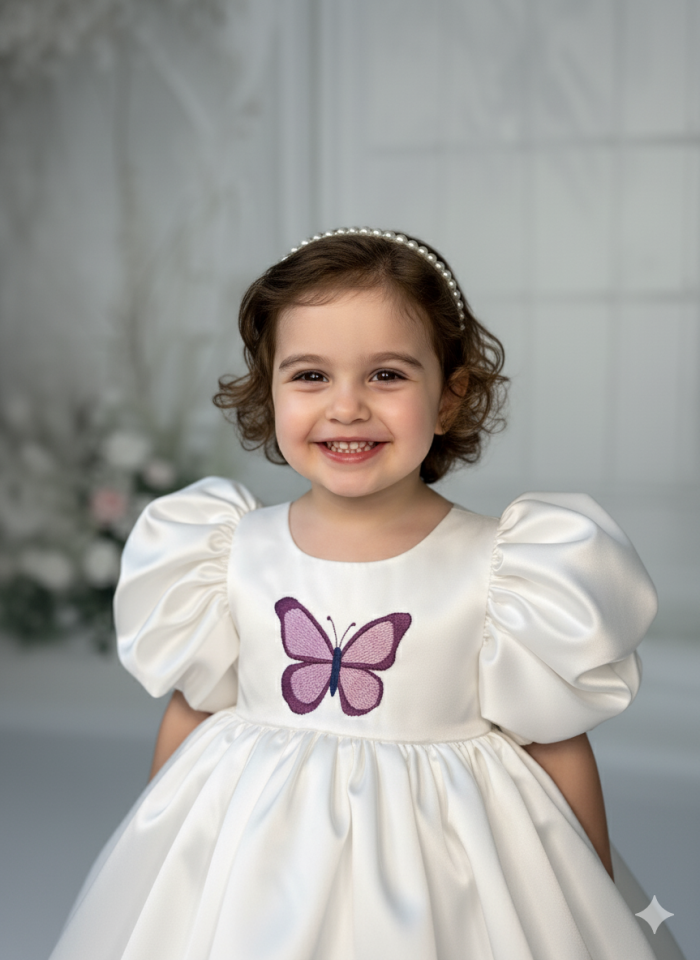 Kelebek Nakışlı Kırık Beyaz Saten Kız Çocuk Bebek Abiye
