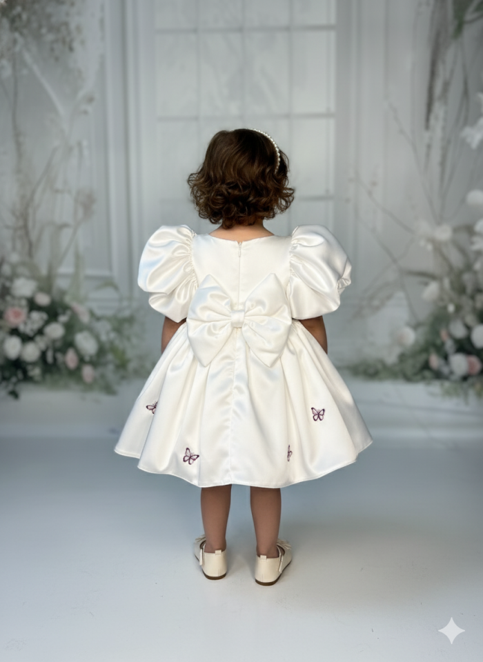 Kelebek Nakışlı Kırık Beyaz Saten Kız Çocuk Bebek Abiye