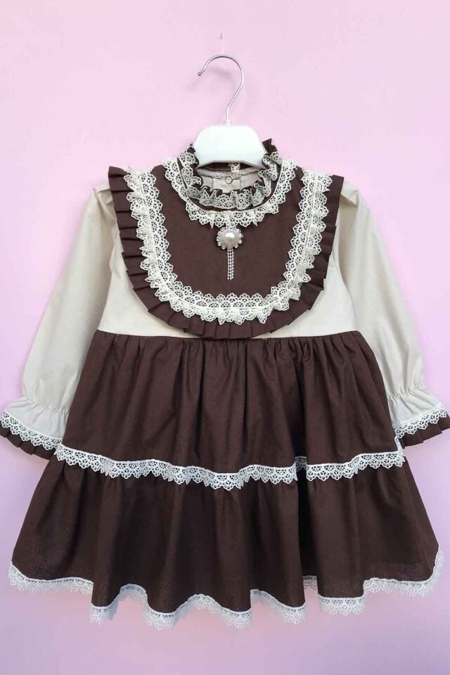 Dantel Detaylı Vintage Kahve Krem Kız Çocuk Bebek Tasarım Elbise