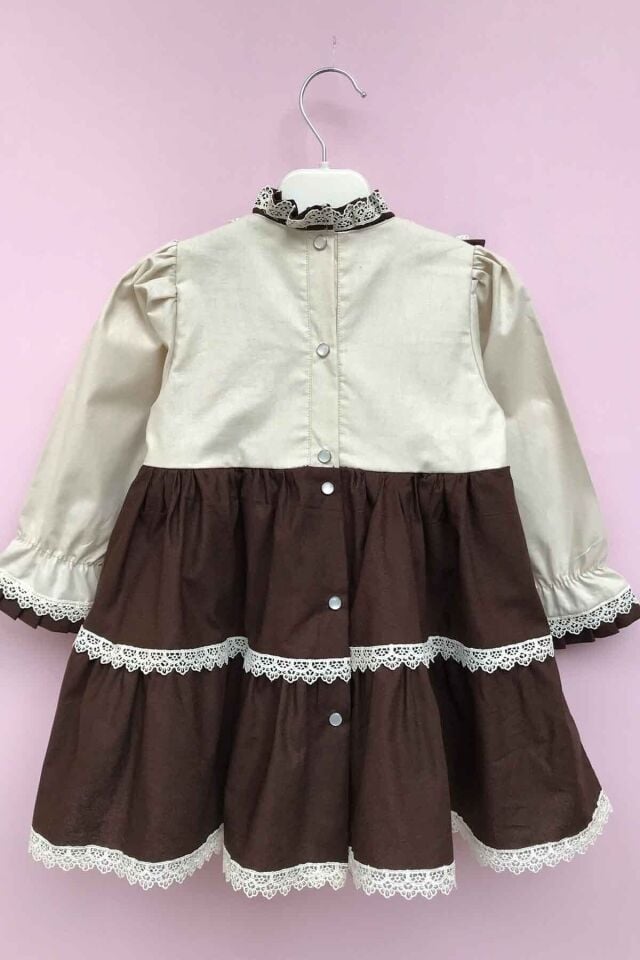 Dantel Detaylı Vintage Kahve Krem Kız Çocuk Bebek Tasarım Elbise