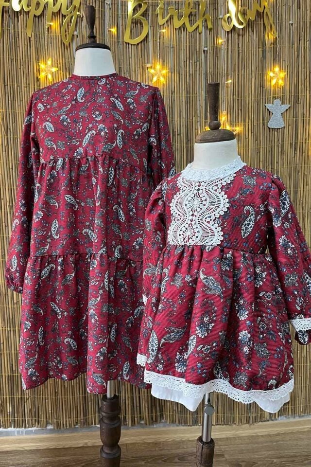 Corduroy Burgundy Shawl Patterned Mother Daughter Baby Dress