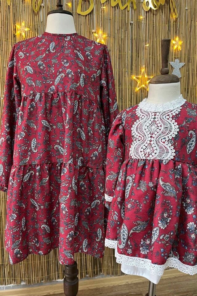 Corduroy Burgundy Shawl Patterned Mother Daughter Baby Dress