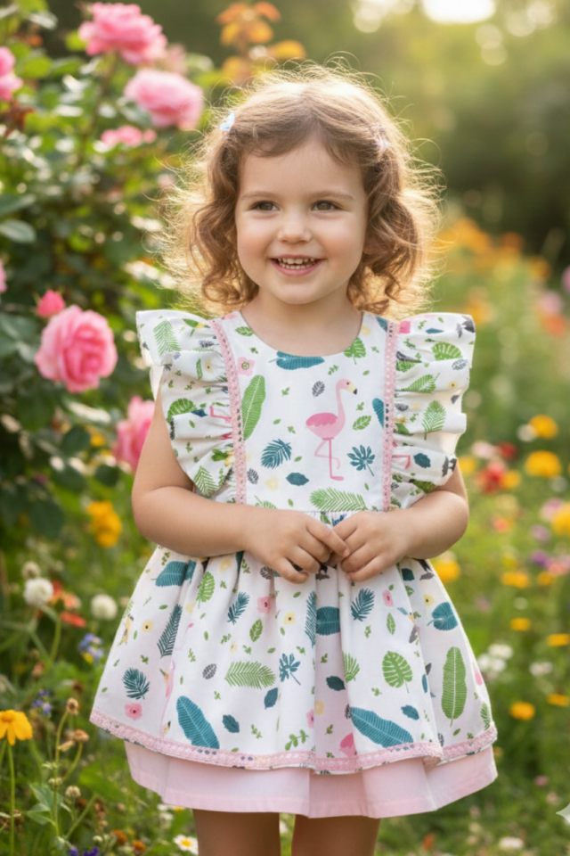 Fırfır Detaylı Flamingo Desenli Kolsuz Kız Çocuk Bebek Yazlık Elbise