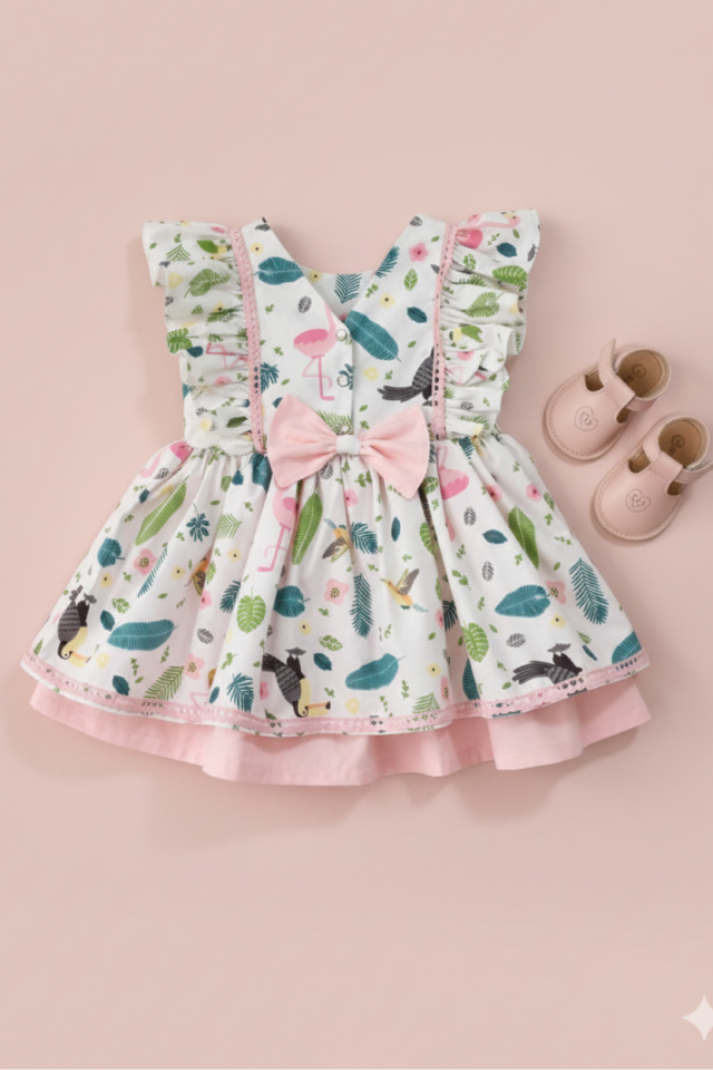 Fırfır Detaylı Flamingo Desenli Kolsuz Kız Çocuk Bebek Yazlık Elbise