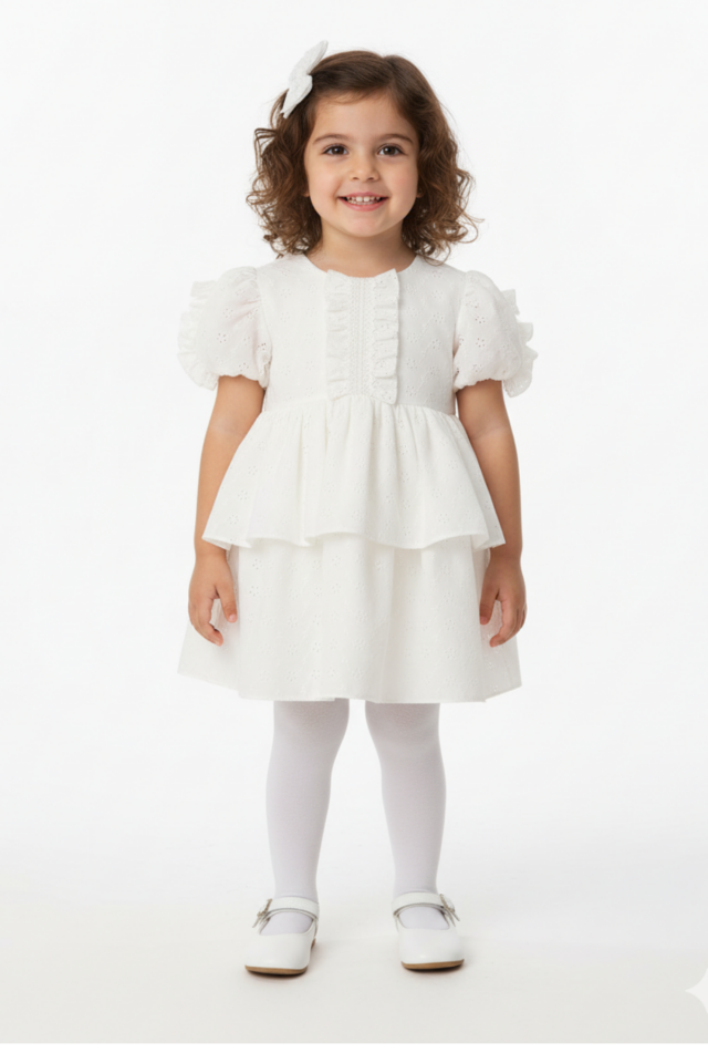 Beyaz Fisto Kız Çocuk Bebek Dantelli Pamuk Abiye Mevlüt Elbise