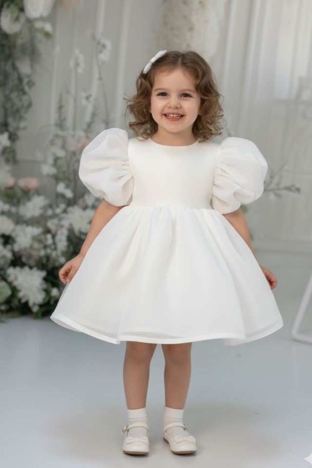 Kız Çocuk Bebek Gelinlik Abiye Beyaz Saten Karolin Elbise