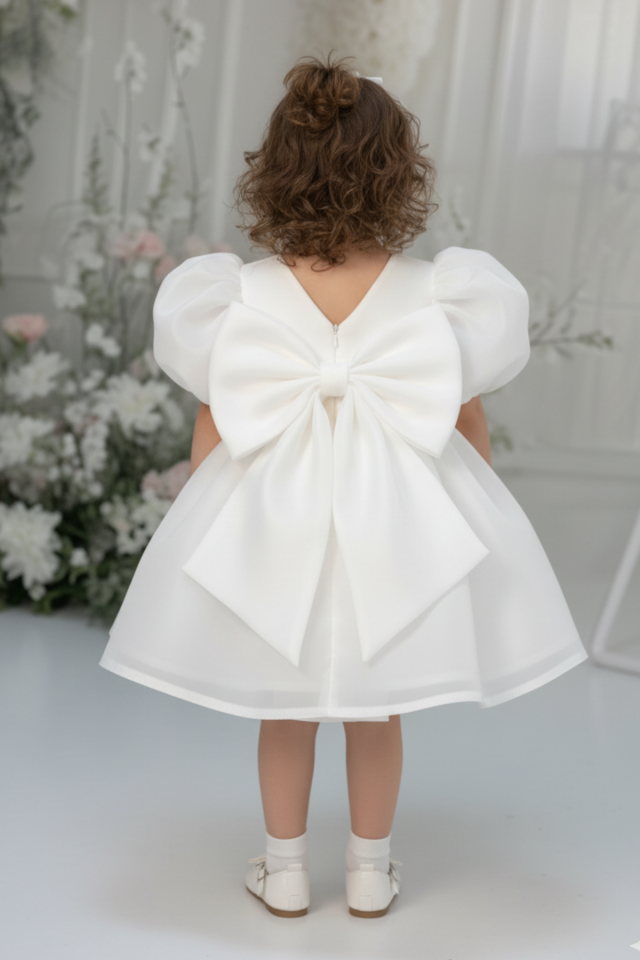 Kız Çocuk Bebek Gelinlik Abiye Beyaz Saten Karolin Elbise