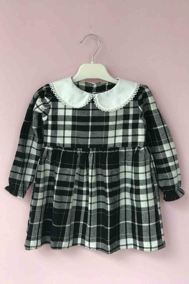 Plaid Lumberjack Fabric Girl Baby Black and White Baby Collar Lace Dress