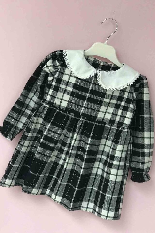 Ekoseli Oduncu Kumaş Kız Çocuk Bebek Siyah Beyaz Bebe Yaka Dantelli Elbise