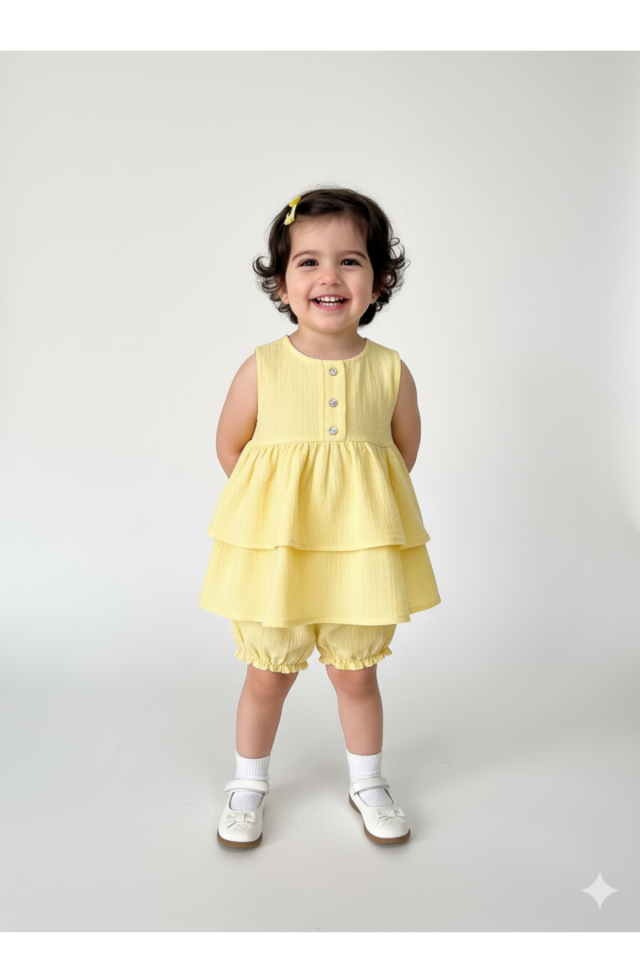 Şile Bezi Sarı Kız Bebek Çocuk Alt Üst Şortlu Takım