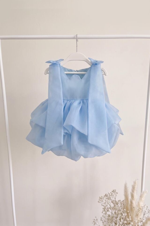 Balon Etek Katlı Kolsuz Bebe Mavi Organze Abiye Mevlüt Doğum Günü Elbise