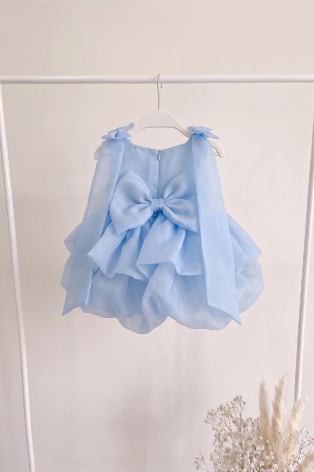 Balon Etek Katlı Kolsuz Bebe Mavi Organze Abiye Mevlüt Doğum Günü Elbise