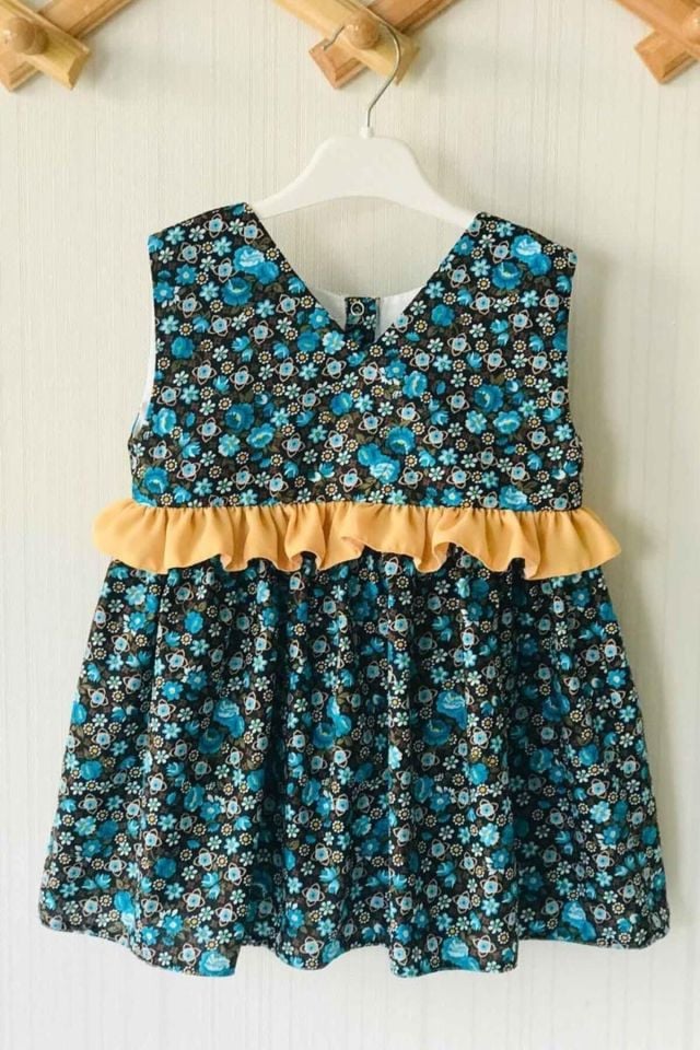 Fırfırlı Çiçek Desenli Kolsuz Kız Çocuk Bebek Renkli Mavi Elbise
