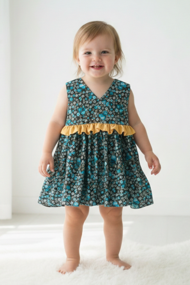 Fırfırlı Çiçek Desenli Kolsuz Kız Çocuk Bebek Renkli Mavi Elbise