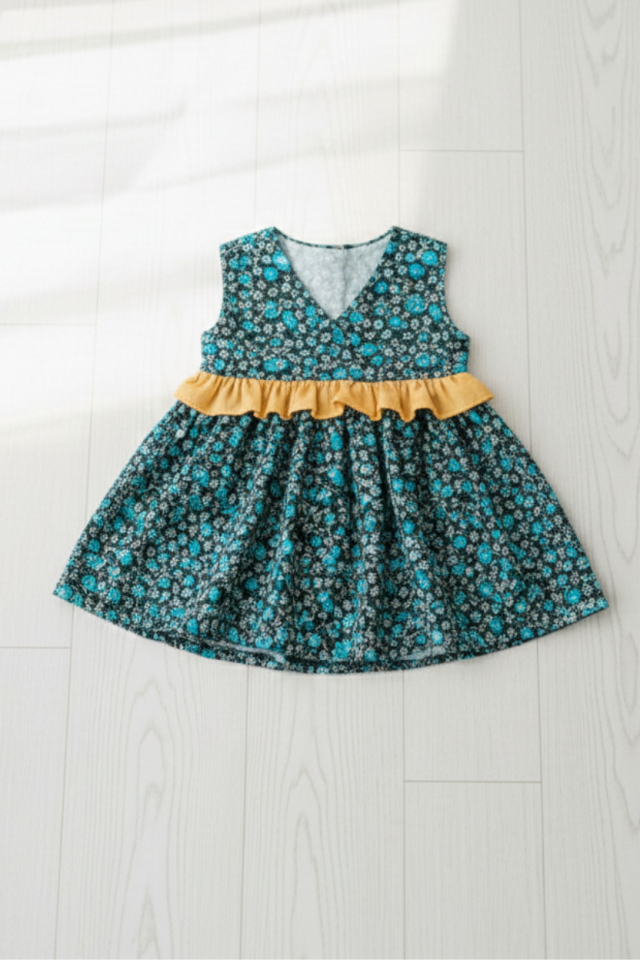 Fırfırlı Çiçek Desenli Kolsuz Kız Çocuk Bebek Renkli Mavi Elbise