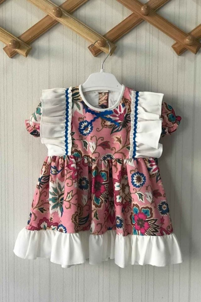 Water Stone Detailed Ruffle Floral Patterned Girl Baby Design Dress