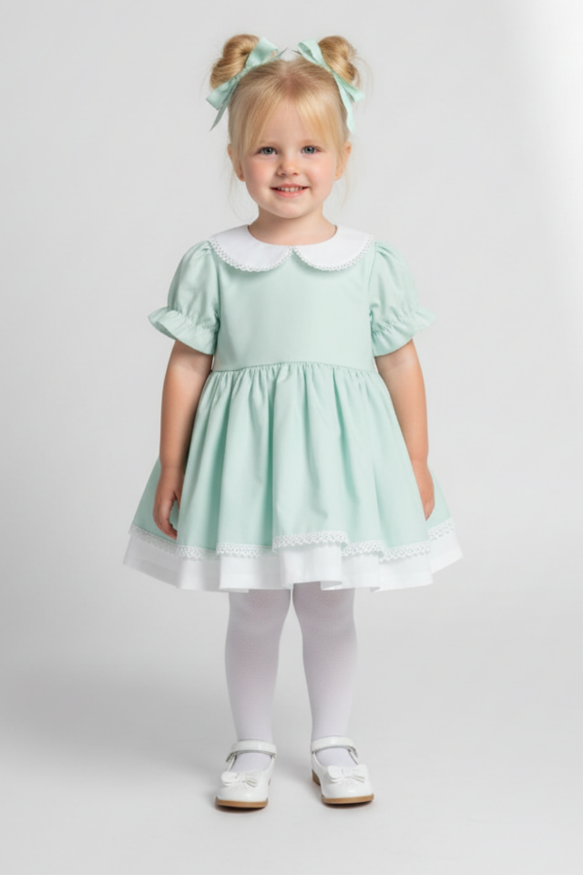 Aquagrünes Popeline-Babykleid mit Kragen