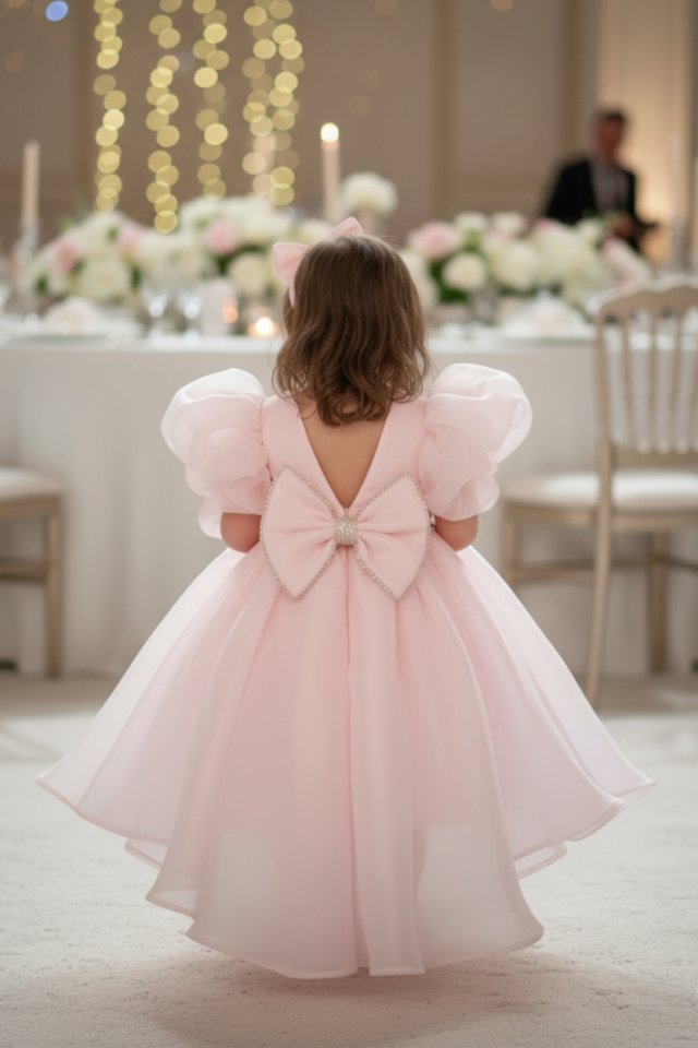 Pembe Organze Kız Çocuk Bebek Kuyruklu Kabarık Abiye Elbise