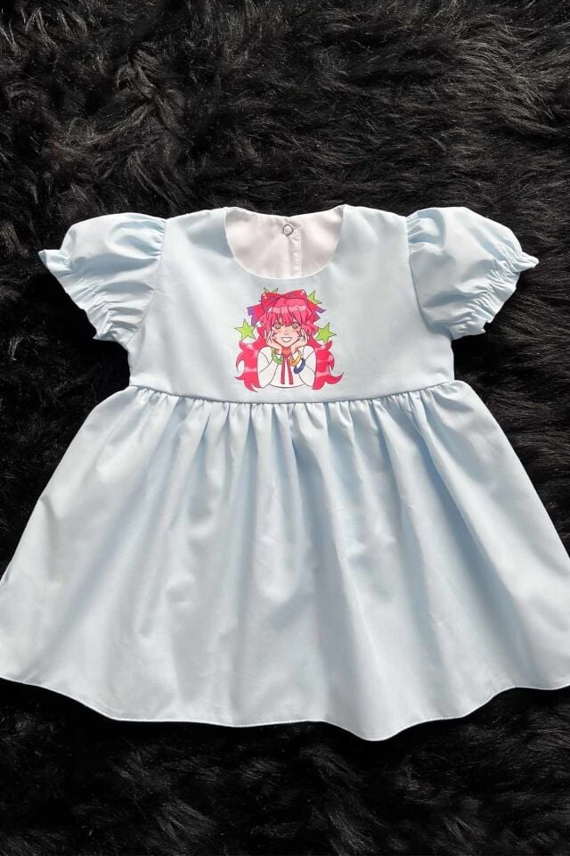 Anime Kız Şeker Baskılı Bebe Mavi Kız Çocuk Bebek Poplin Elbise