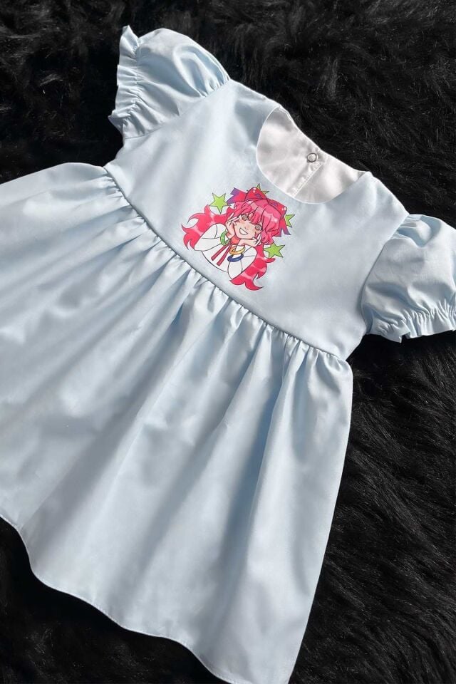 Anime Kız Şeker Baskılı Bebe Mavi Kız Çocuk Bebek Poplin Elbise