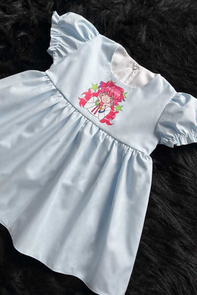 Anime Kız Şeker Baskılı Bebe Mavi Kız Çocuk Bebek Poplin Elbise